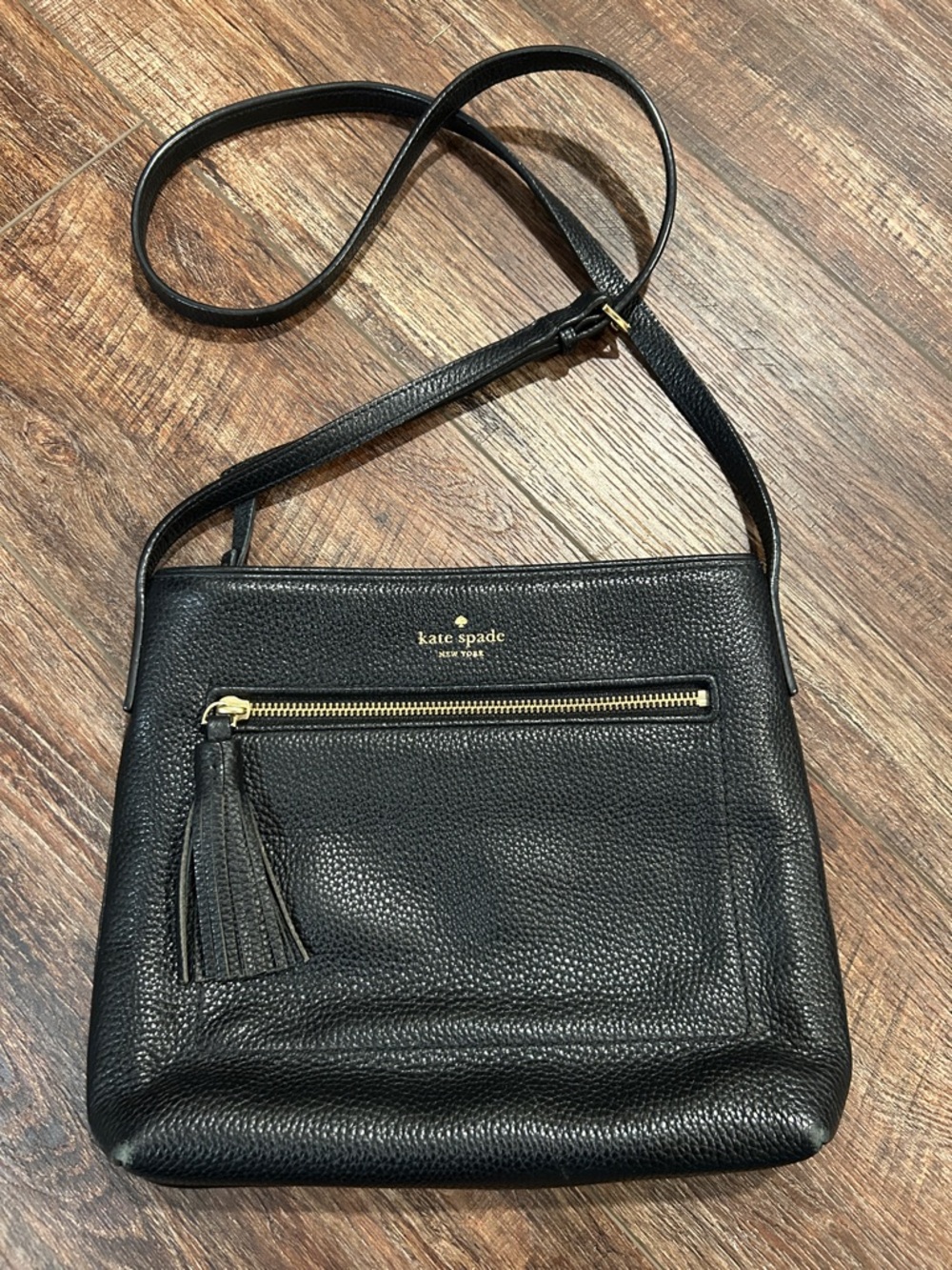 Kate Spade Black Pebbled Leather Crossbody with Tassel Zip
